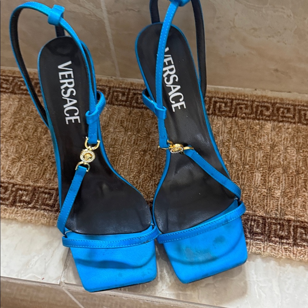 Versace Bright Turquoise Satin Slingback Heels with Gold Medusa - Picture 6 of 16